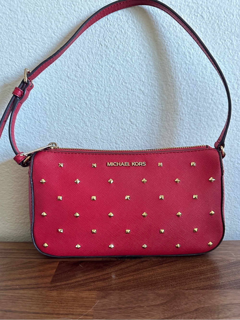 Michael Kors Red Studded Baguette Shoulder Bag Gold Hardware